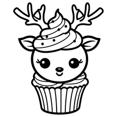 line art of a cute Christmas deer cupcake , Svg file, black and white, outline art, coloring book.
