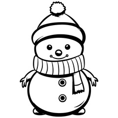 Christmas snowman with hat Svg file, black and white, outline art, coloring book.