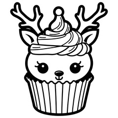 line art of a cute Christmas deer cupcake , Svg file, black and white, outline art, coloring book.