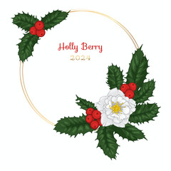 Isolated bouquet of hellebore winter rose anemone flowers and mistletoe holly berries.  Merry Christmas  circle card template with text placeholder. - 673756912