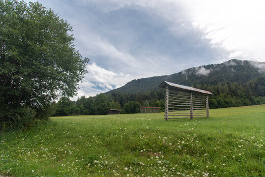Single straight-line hayrack on moved down meadow