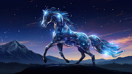 Obraz na płótnie Canvas Horse-shaped constellation illuminating a serene and mystical night landscape Ai Generative