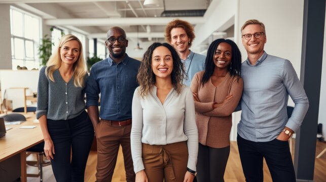 Diverse Creative Team Looking Happy. Diverse Working Culture Group Of Persons Is In Their Startup Office Wearing Informal Clothes People Are Smiling Most Persons Are Standing.