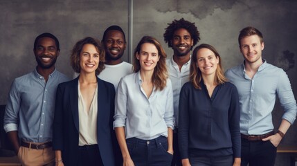 Obraz premium Diverse creative team looking happy. Diverse working culture group of persons is in their startup office wearing informal clothes people are smiling most persons are standing.