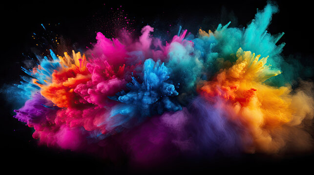 Explosion of colored powder isolated on black background. Abstract colored background,Colorful rainbow holi paint splash, paint holi