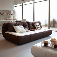 smart home, chocolate motifed sofa design for childern minimal external packaging, cute style, overall round design, background of apartment living room
