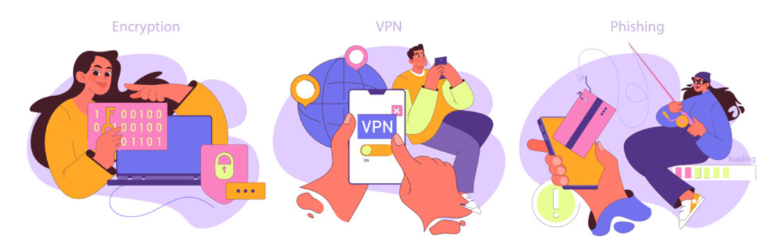 Engaging vector illustrations showcasing cybersecurity facets: a woman deciphers encryption, a man activates a VPN, and a quirky hacker exemplifies phishing tactics