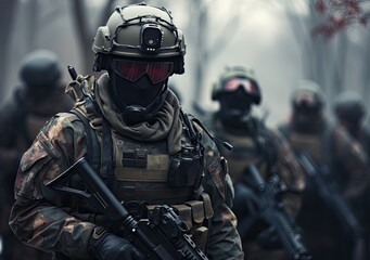 Obraz premium Portrait of a Modern Soldier during war military operations