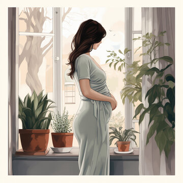 pregnant woman looking through window