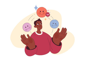 Emotional awareness. Black young man' emotional intelligence. Deep understanding and acceptance of emotions. Internal personality learning process. Flat vector illustration
