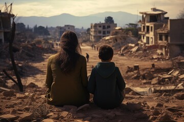 woman with a child looking to the earthquake destroyed city