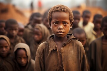 crowd of little poor african boys - obrazy, fototapety, plakaty