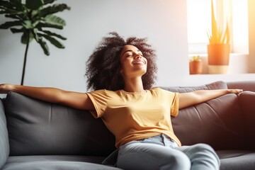 happy young african american woman relaxing and lying on the sofa at home - obrazy, fototapety, plakaty