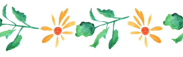 Watercolor botanic, Leaf and flower border. Seamless herbal composition for greeting card. Spring Border with leaves and flower isolated on white backgrond.