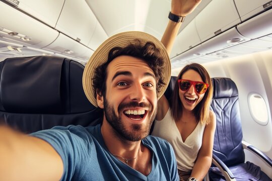 happy tourist couple taking selfie inside airplane, travel and holidays concept