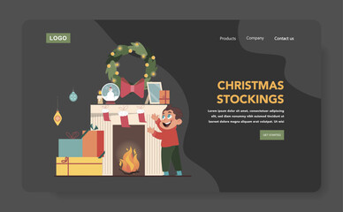 Christmas celebration dark mode or night mode web banner or landing page. Happy boy at fireplace. Child checking christmas stockings. Winter holidays tradition. Flat vector illustration