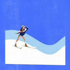 Poster. Contemporary art collage. Modern creative artwork. Woman in retro swimsuit and coat going down the snowy hills on ski. Concept of happy holidays.
