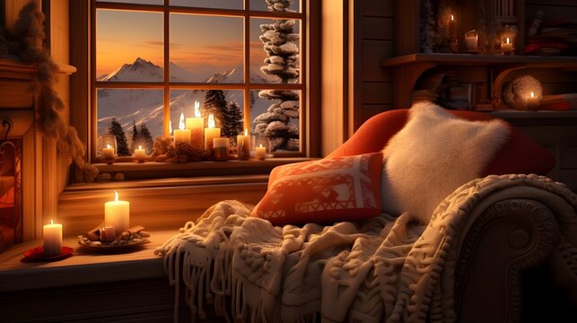 Cozy christmas winter living room with windsill, cozy holiday decor, Christmas cozy room, winter living area.