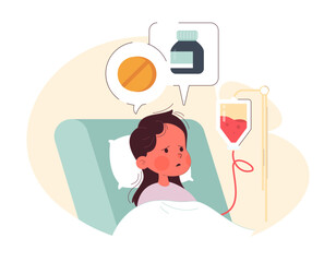 Ill little girl lying in hospital ward bed. Neglected child struggling with physical health problems. Absence and uninvolvement of dad, lack of parental interest to a child. Flat vector illustration