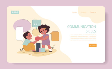 Little girl and boy talking to each other web banner or landing page. Positive impact of father' involvement on child' communication skill. Engaged or committed fatherhood. Flat vector illustration.