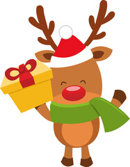 Cute Reindeer With Santa Hat Holding Gift