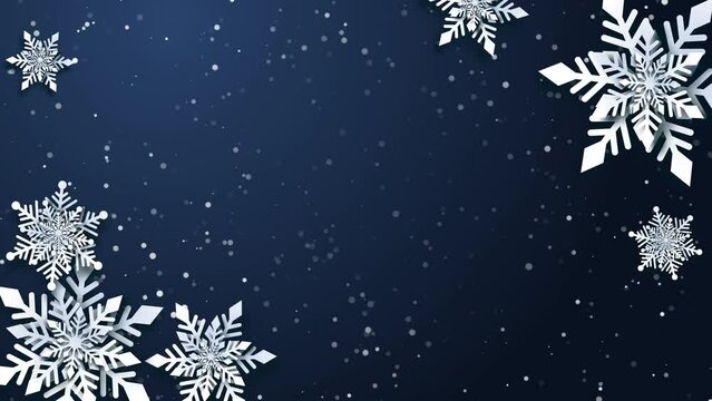 Christmas animate wallpaper with decorated snowflake paper cut dark blue background Happy New Year. Loop motion graphic.