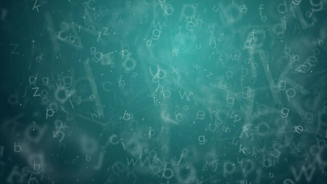 Looped 3D animation of flying letters of the English alphabet with plexus lines and particles on a green background.