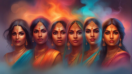 Group of indian woman. - obrazy, fototapety, plakaty
