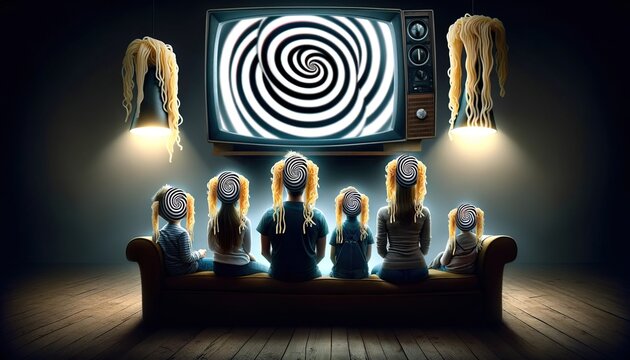 Family entranced by television, spirals in eyes and noodles on ears denote deception