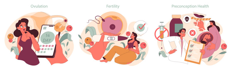 Illustrative guide on women's reproductive health, showcasing ovulation tracking, fertility tests, and preconception care. Emphasizes awareness, informed choices, and expert consultation - obrazy, fototapety, plakaty