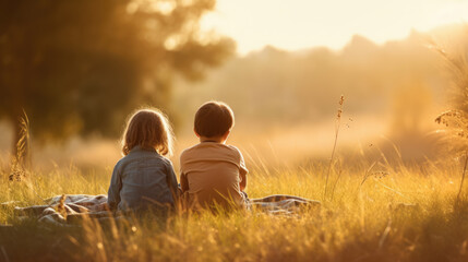 small boy and girl sitting on the grass. childhood and friendship