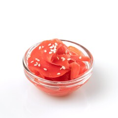 Pink marinated ginger and white sesame seeds in transparent dish. Component for sushi, meat, seafood and broth on white background.