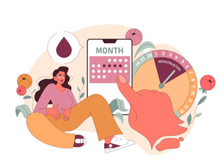 Menstrual Cycle concept. A woman, alongside digital calendar and clock highlighting menstrual days, navigates the intricacies of her cycle. Monthly physiological journey. Flat vector illustration.
