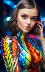 Beautiful woman model with a colorful latex trendy dress