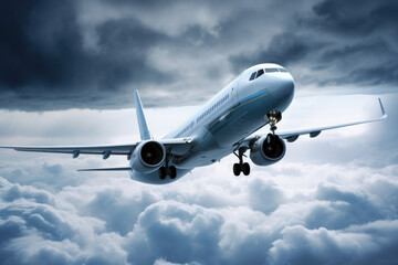 Fototapeta premium Large Jetliner Flying Through Cloudy Sky