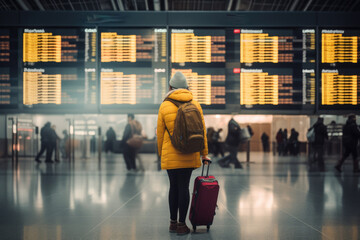 Young Woman At An International Airport Looks At The Flight Information Board, Holds Yellow Suitcase In Her Hand And Checks Her Flight