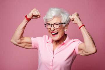 Elderly Funny And Joyful Woman Shows Her Biceps