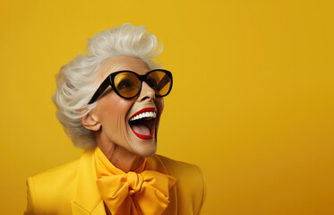 Elegant Senior Businesswoman Laughing On Yellow Background. Сoncept Elegant Senior Businesswoman, Yellow Background, Laughing, Senior Portraits