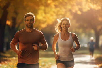 Couple running outdoor during workout on autumn day. Man and woman jogging in park. Active people. People while cardio training. Physical fitness. Cardio workout. Healthy lifestyle - obrazy, fototapety, plakaty