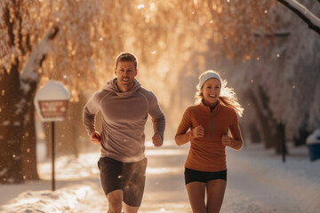 Couple running outdoor during workout on winter day. Man and woman jogging in park. Active people. People while cardio training. Physical fitness. Cardio workout. Healthy lifestyle - obrazy, fototapety, plakaty