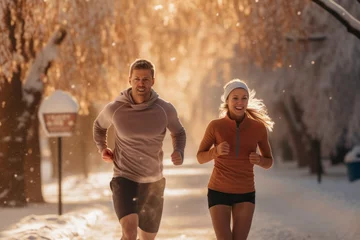 Tuinposter Couple running outdoor during workout on winter day. Man and woman jogging in park. Active people. People while cardio training. Physical fitness. Cardio workout. Healthy lifestyle © Przemek Klos