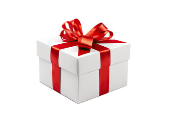 White gift box with red ribbon bow isolated on transparent background