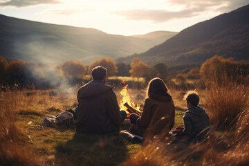 Family sitting at campfire in evening during mountain trip. People having fun sitting at bonfire looking at mountain landscape. Family time. Weekend trip - obrazy, fototapety, plakaty