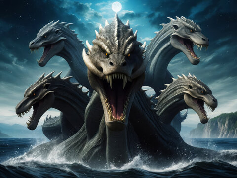 An aggressive hydra in the sea at night with a beautiful moon in the background.