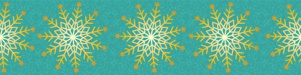 Elegant teal blue green gold snowflake seamless vector border. Christmas and New Year seamless banner backdrop with snow, snowflakes. Festive winter holidays theme. Turquoise golden repeat.