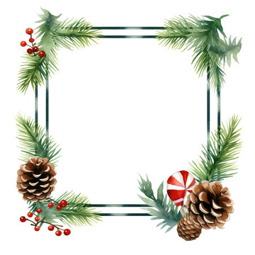 Christmas Flower Square frame with fir branches and cones leaf Watercolor illustration art isolated on transparent and white background