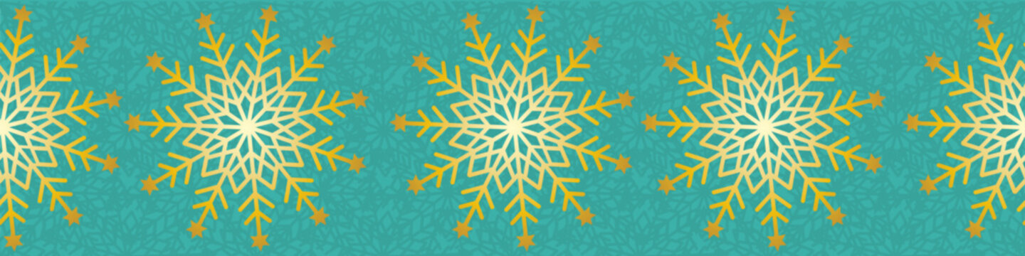 Elegant teal blue green gold snowflake seamless vector border. Christmas and New Year seamless banner backdrop with snow, snowflakes. Festive winter holidays theme. Turquoise golden repeat.