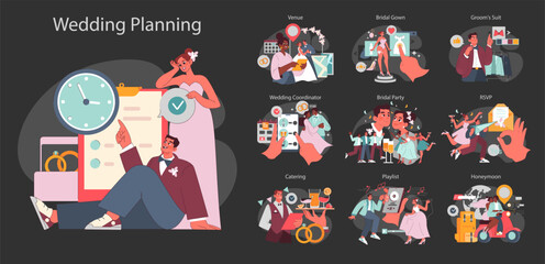 Wedding Planning set. Bride and groom navigating matrimonial preparations. Venue choice, bridal gown selection, RSVPs. Celebratory mood with cheerful friends. Flat vector illustration.