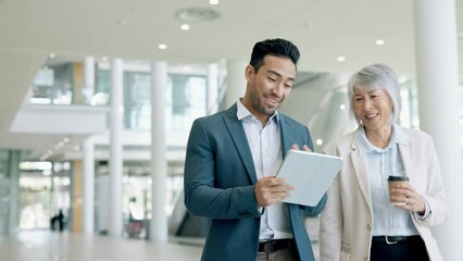 Happy, planning and review with business people and tablet for consulting, website and teamwork. Mentor, digital and networking with employees walking in office for corporate, online and technology - Powered by Adobe