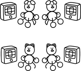 ストーブで暖まるわんまるとにゃんまるの線画セット　犬　猫
